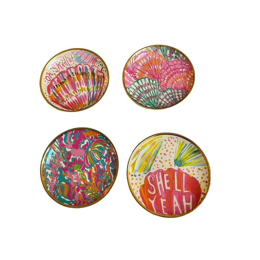 4 Lilly Pulitzer Multicolor Ceramic Coasters with Floral Gold Trim 3 3/4”